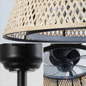 Cressida 23.75" Traditional Bohemian 6-Speed Metal/Bamboo Mobile-App/Remote-Controlled Height-Adjustable Dimmable Caged Integrated LED Ceiling Fan - JONATHAN Y